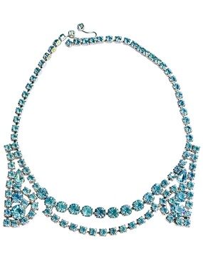 Kramer Vintage 1950s Aqua Blue Rhinestone Bib Statement Necklace 15.5”